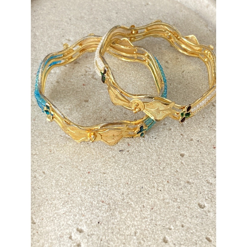Children's Bangle Bracelets Set Of 2 Blue White Seed Bead Enamel Gold Tone